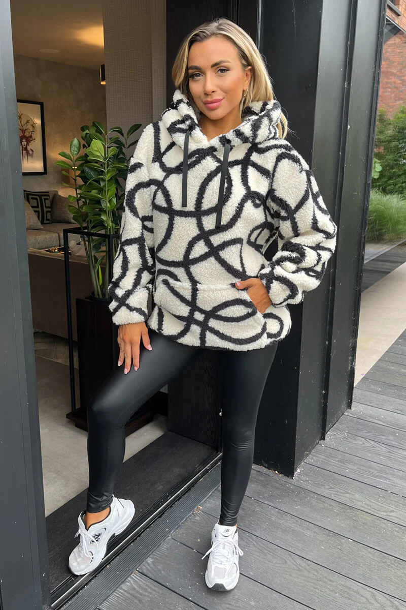 Cream And Black Swirl Pattern Front Pocket Teddy Hoodie - Swimclubus