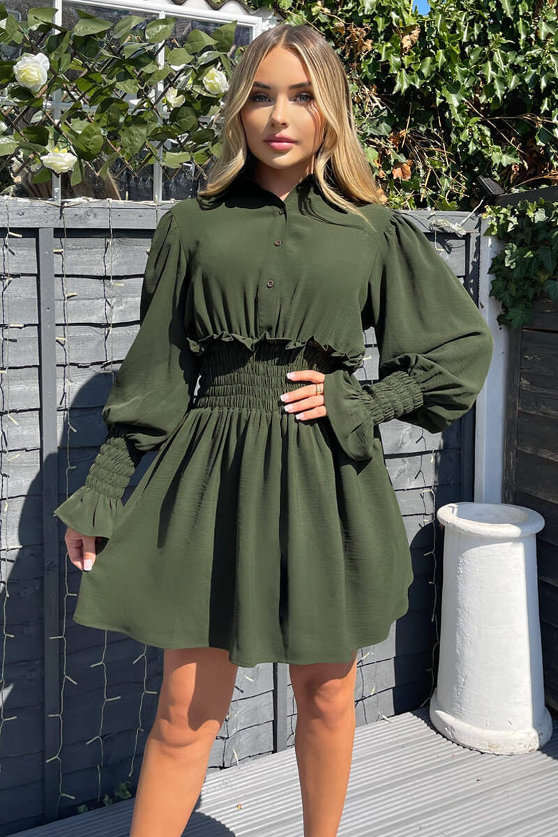 Olive Shirred Waist Long Sleeve Shirt Dress - Swimclubus