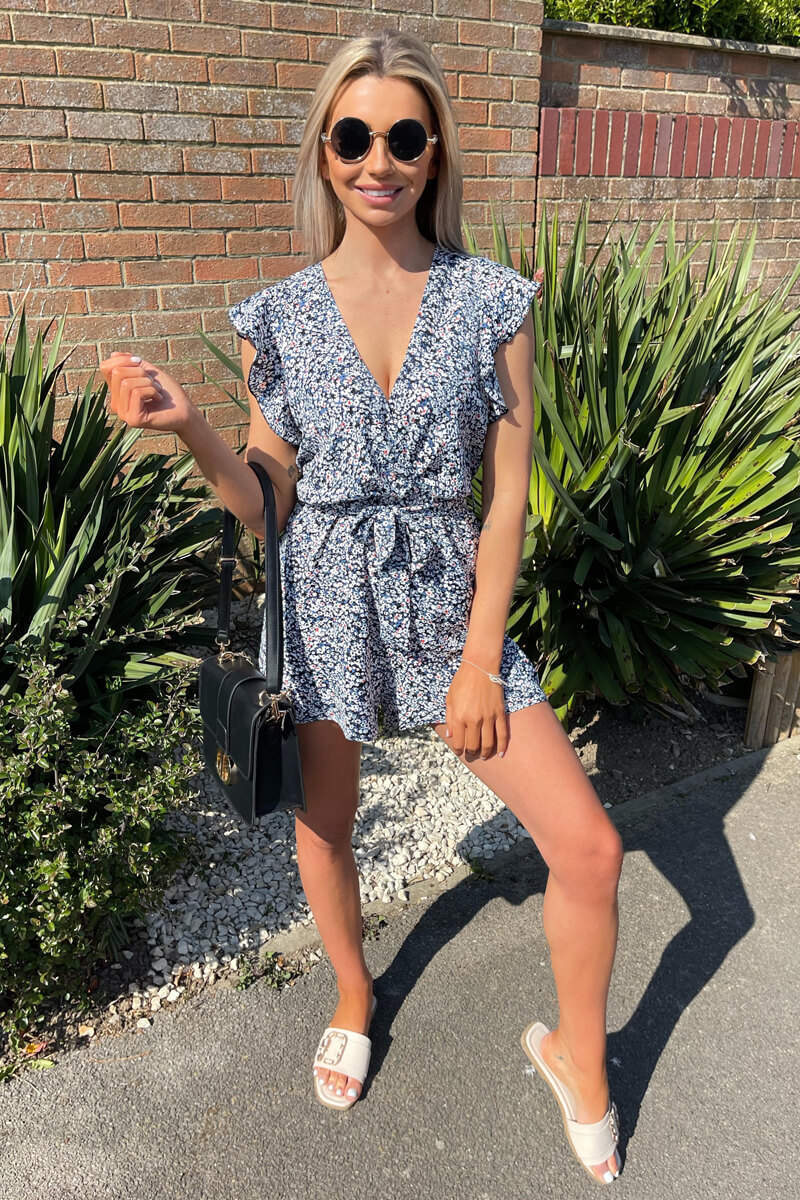 Blue Printed Wrap Tie Waist Playsuit - Swimclubus