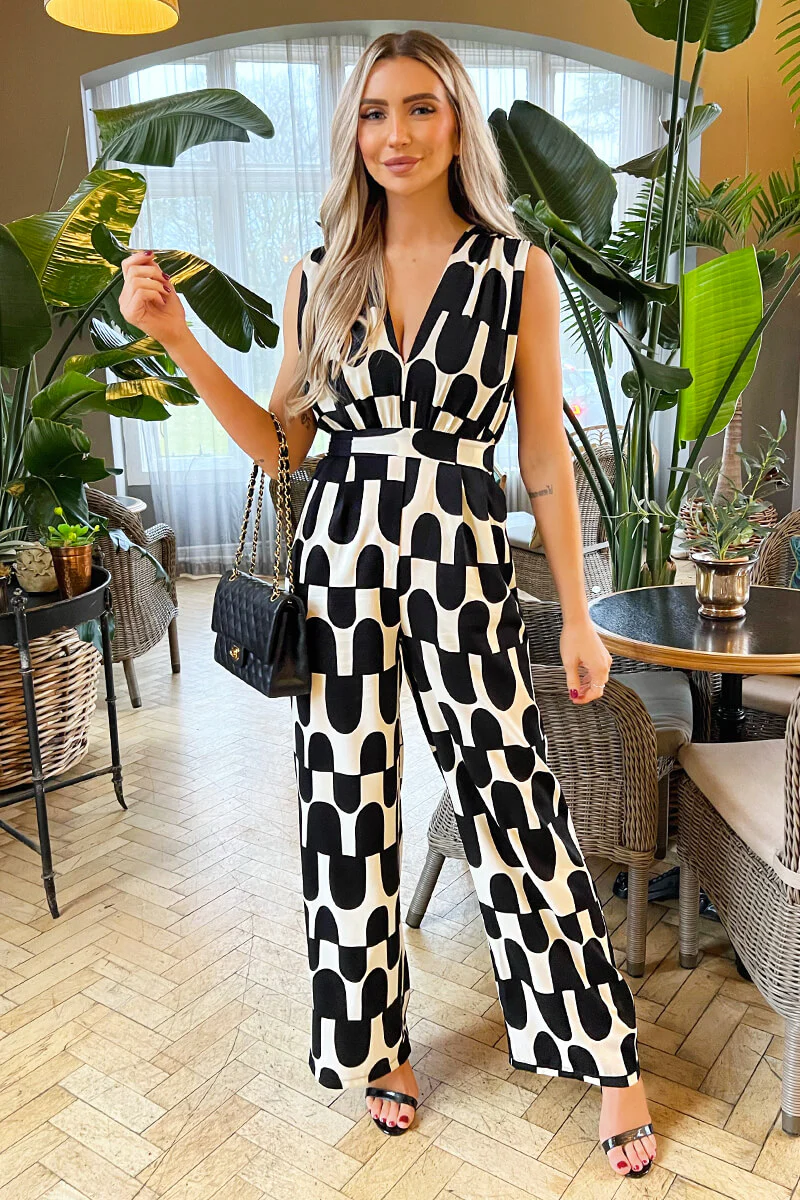 Black And Cream Abstract Print Jumpsuit - Swimclubus