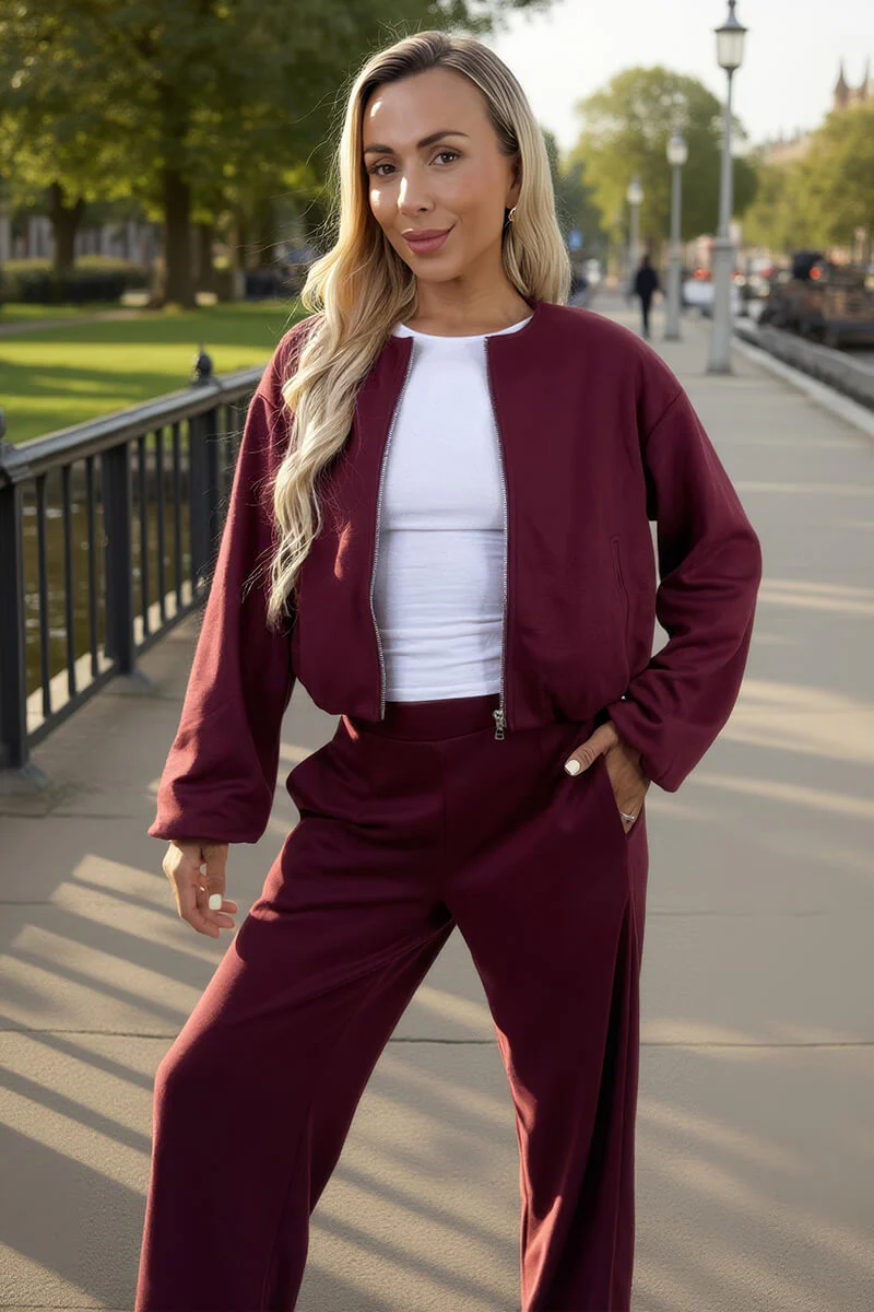 Burgundy Bubble Hem Cropped Soft Bomber Jacket - Swimclubus