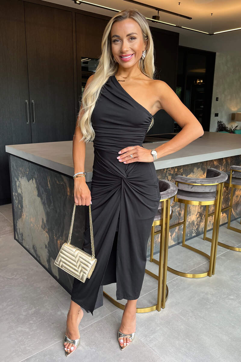 Black One Shoulder Knot Skirt Midi Dress - Swimclubus