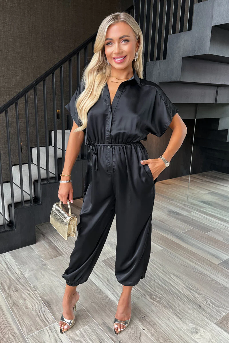 Black Satin Button Front Collared Tie Waist Jumpsuit - Swimclubus