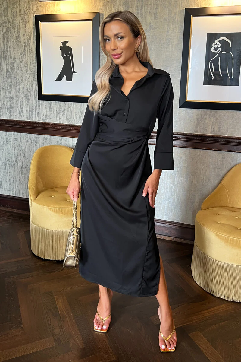 Black 3/4 Sleeves Gathered Waist Shirt Midi Dress - Swimclubus
