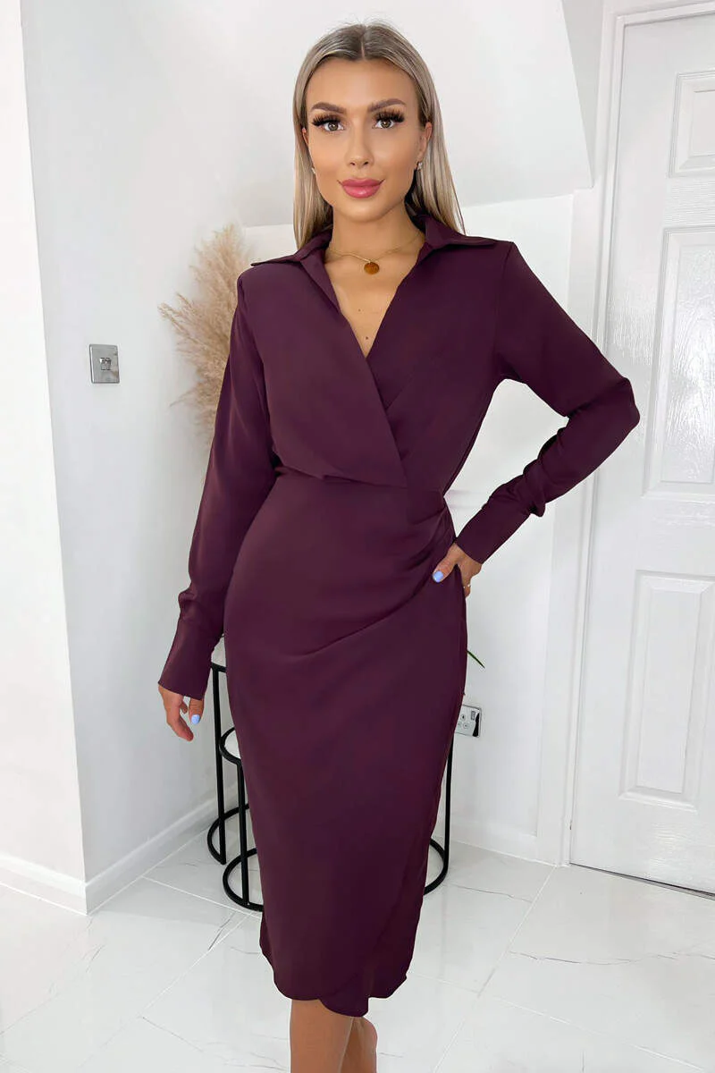 Plum Long Sleeve Midi Dress With Shoulder Pads - Swimclubus