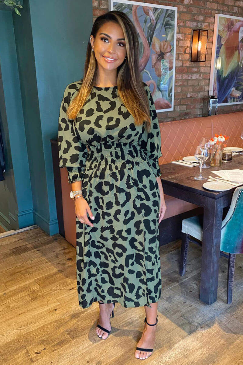 Khaki Printed Elasticated Waist Midi Dress - Swimclubus
