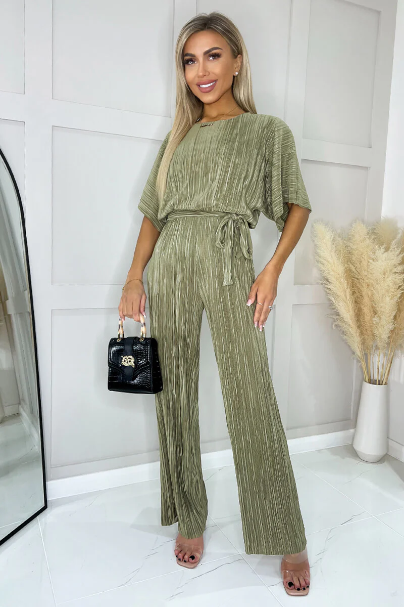 Light Khaki Wide Sleeve Tie Waist Plisse Jumpsuit - Swimclubus