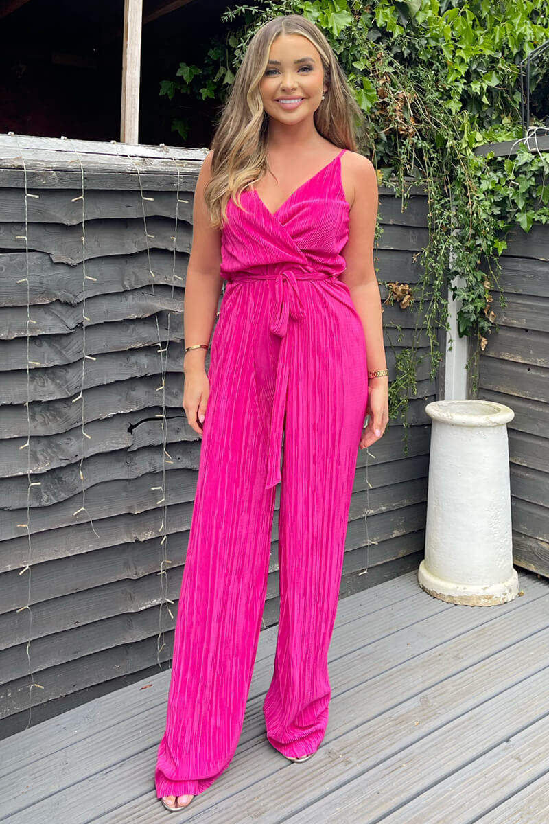 Cerise Wrap Top Tie Waist Full Length Plisse Jumpsuit - Swimclubus