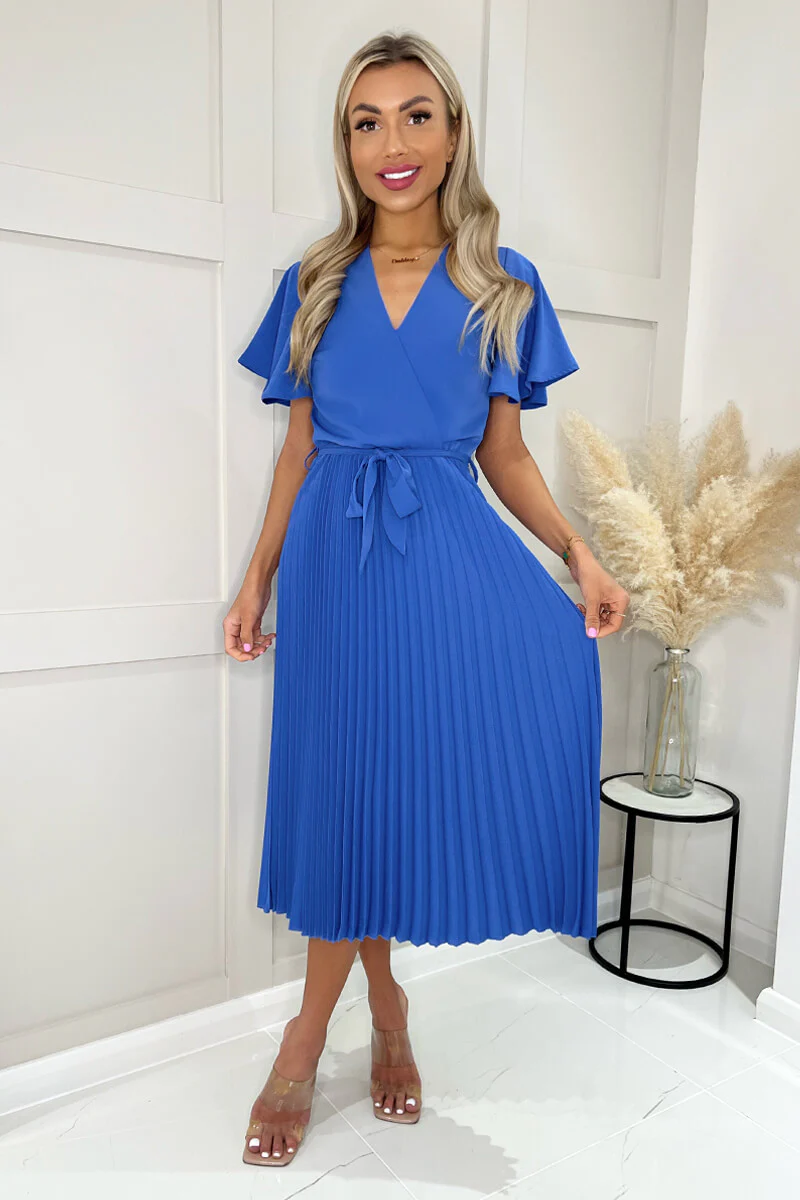Blue Pleated Midi Dress with Tie Waist - Swimclubus