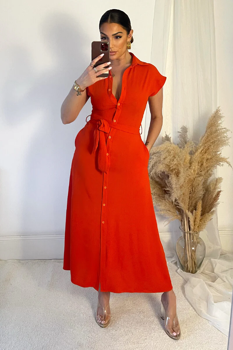 Burnt Orange Tie Waist Button Up Midi Dress - Swimclubus