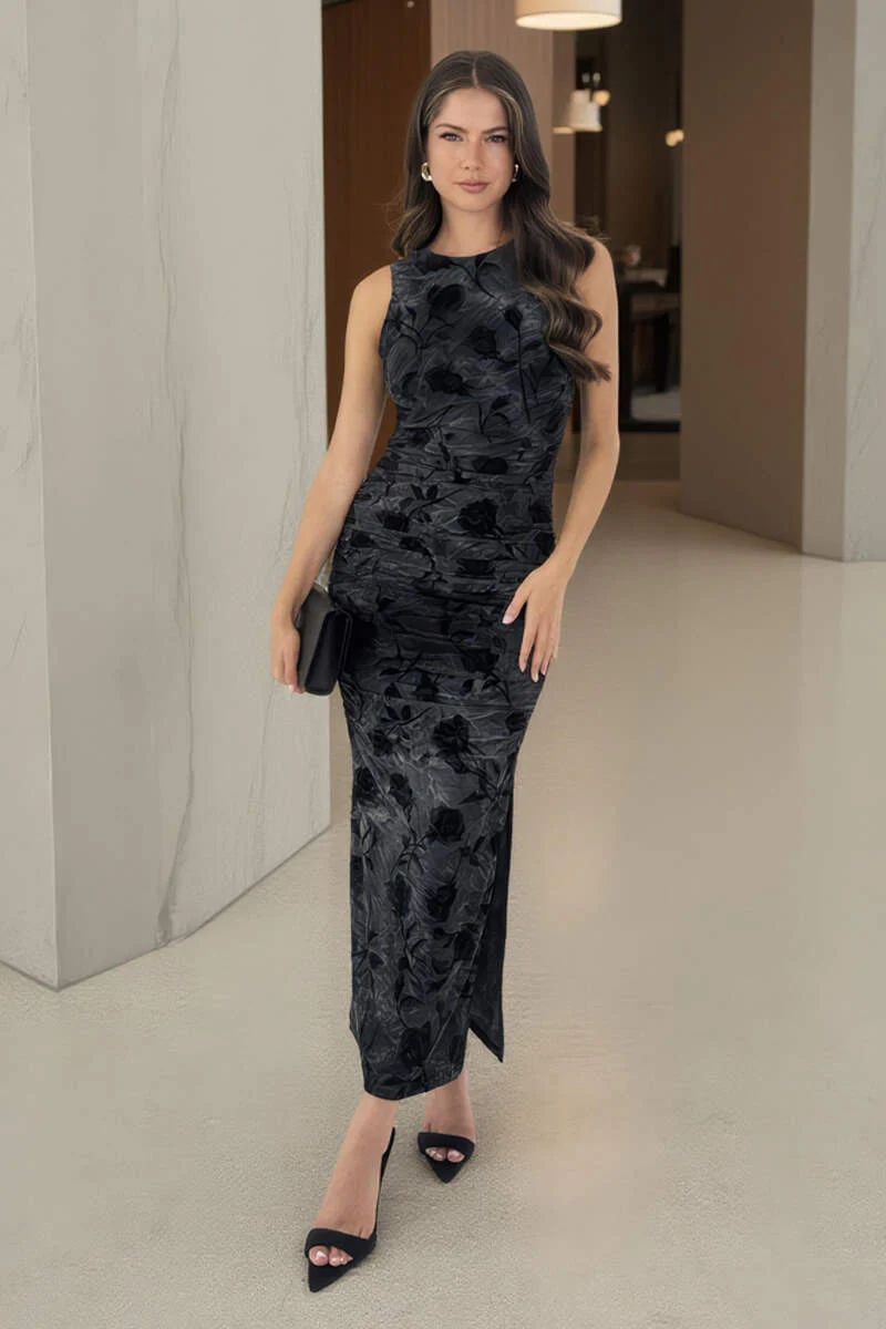 Black And Grey Velour Rose Detail Bodycon Midi Dress - Swimclubus