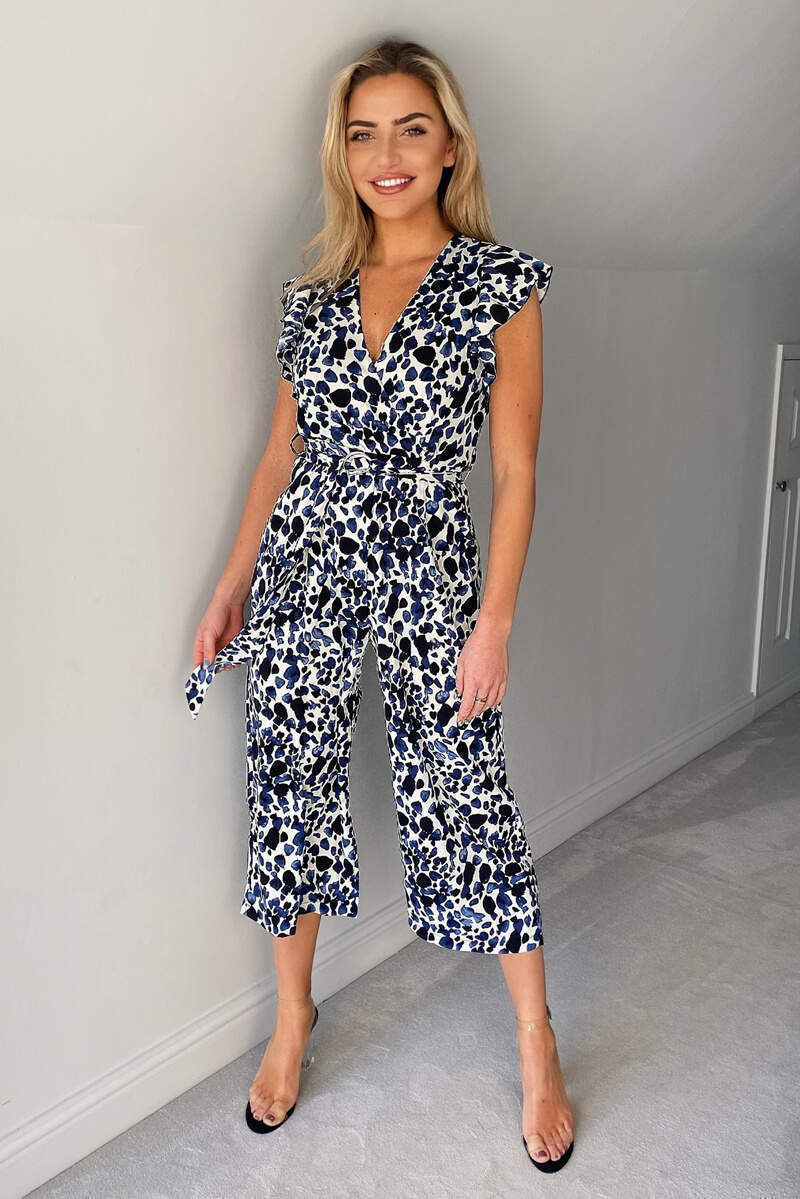 Blue Printed Belted Wrap Jumpsuit - Swimclubus