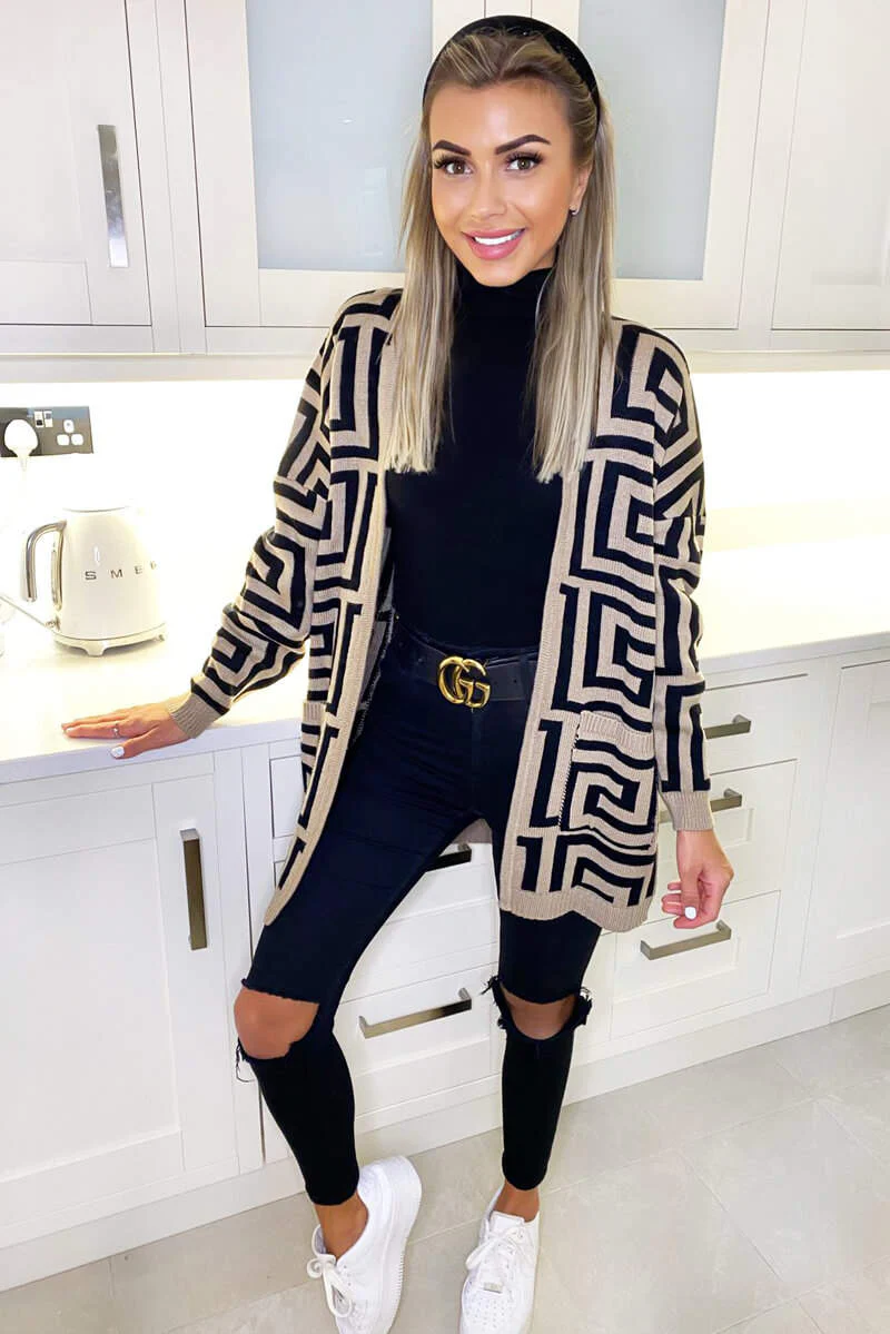 Camel Geo Printed Knitted Cardigan - Swimclubus