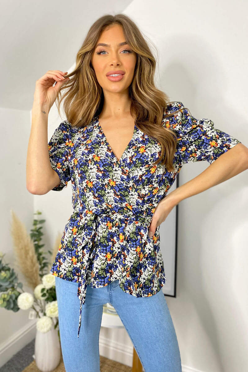 Multi Floral Printed Wrap Blouse - Swimclubus