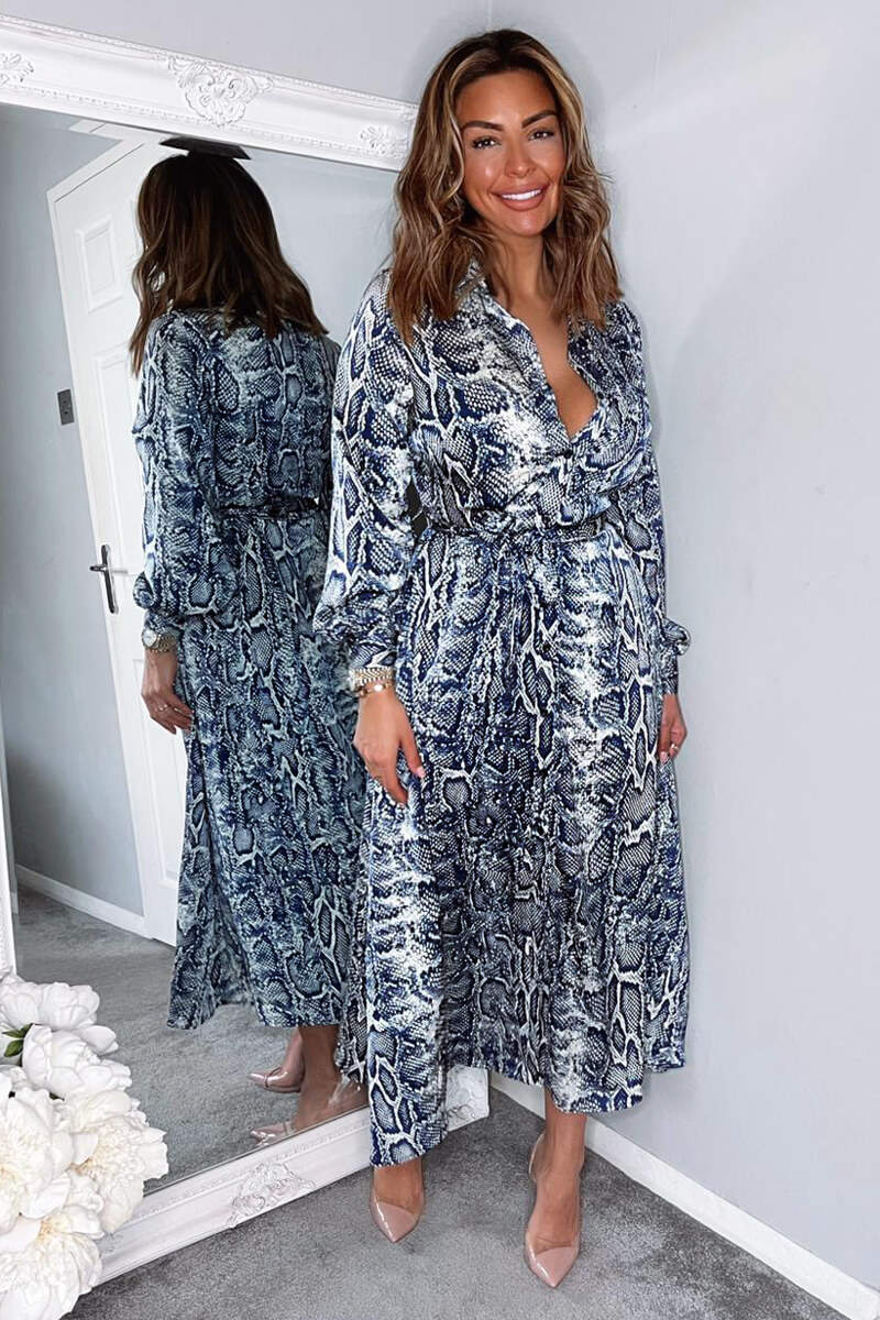 Navy Snake Print Tie Waist Midi Shirt Dress - Swimclubus