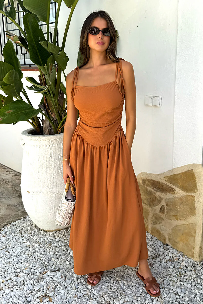 Rust Drawstring Tie Straps Ruched Top Midi Dress - Swimclubus