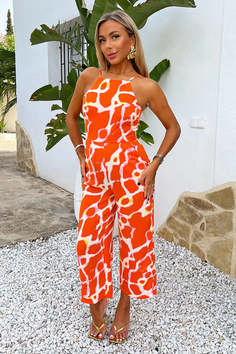 Orange Giraffe Print Strappy Racer Neck Jumpsuit - Swimclubus