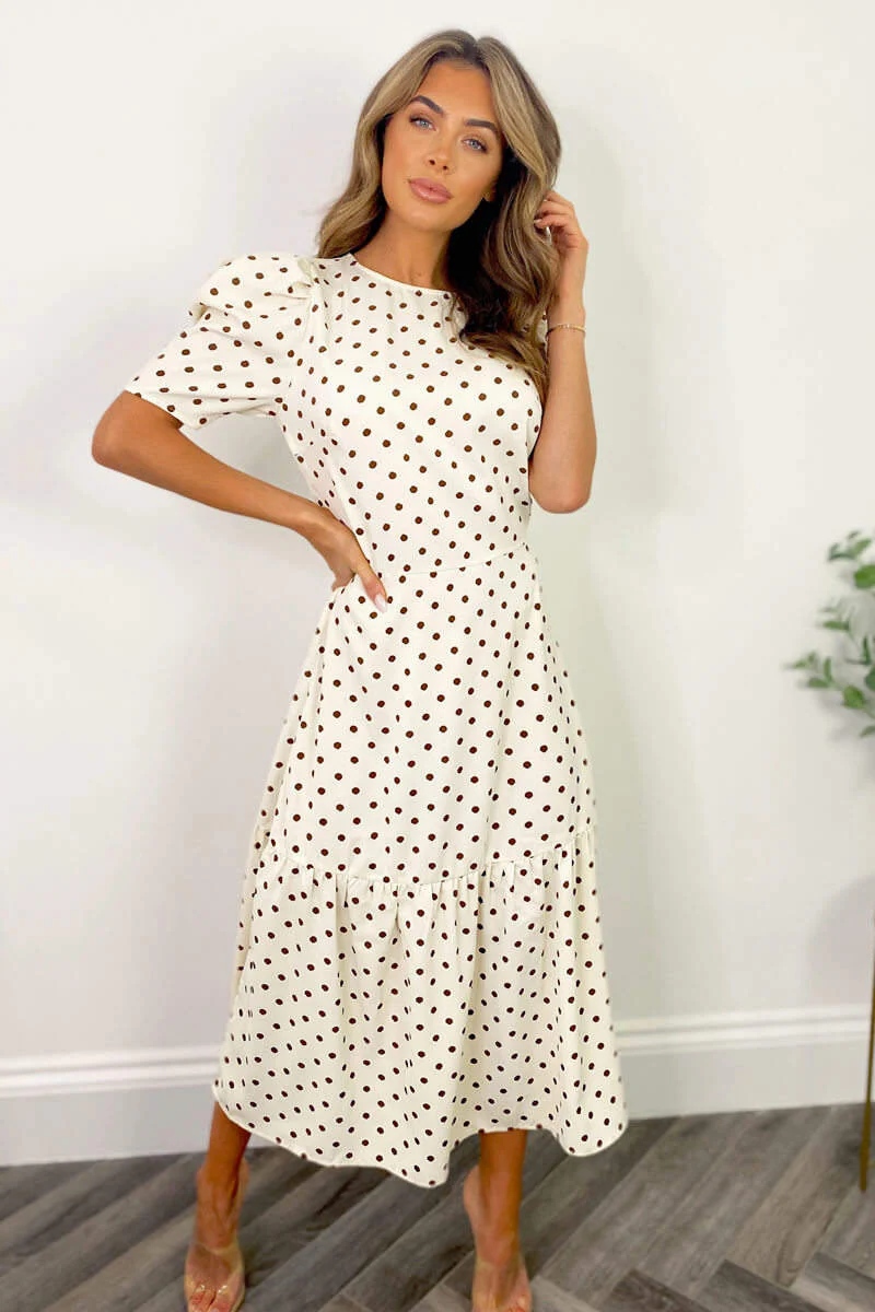Cream And Brown Polka Dot Midi Smock Dress - Swimclubus