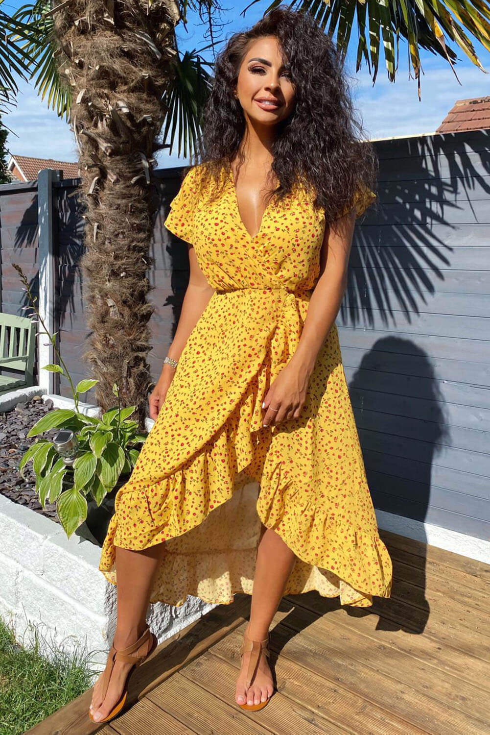 V neck Printed Frill Midi Dress - Swimclubus