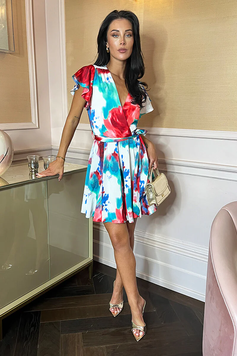 Multi Tie Dye Printed Wrap Top Tie Waist Skater Mini Dress - Swimclubus