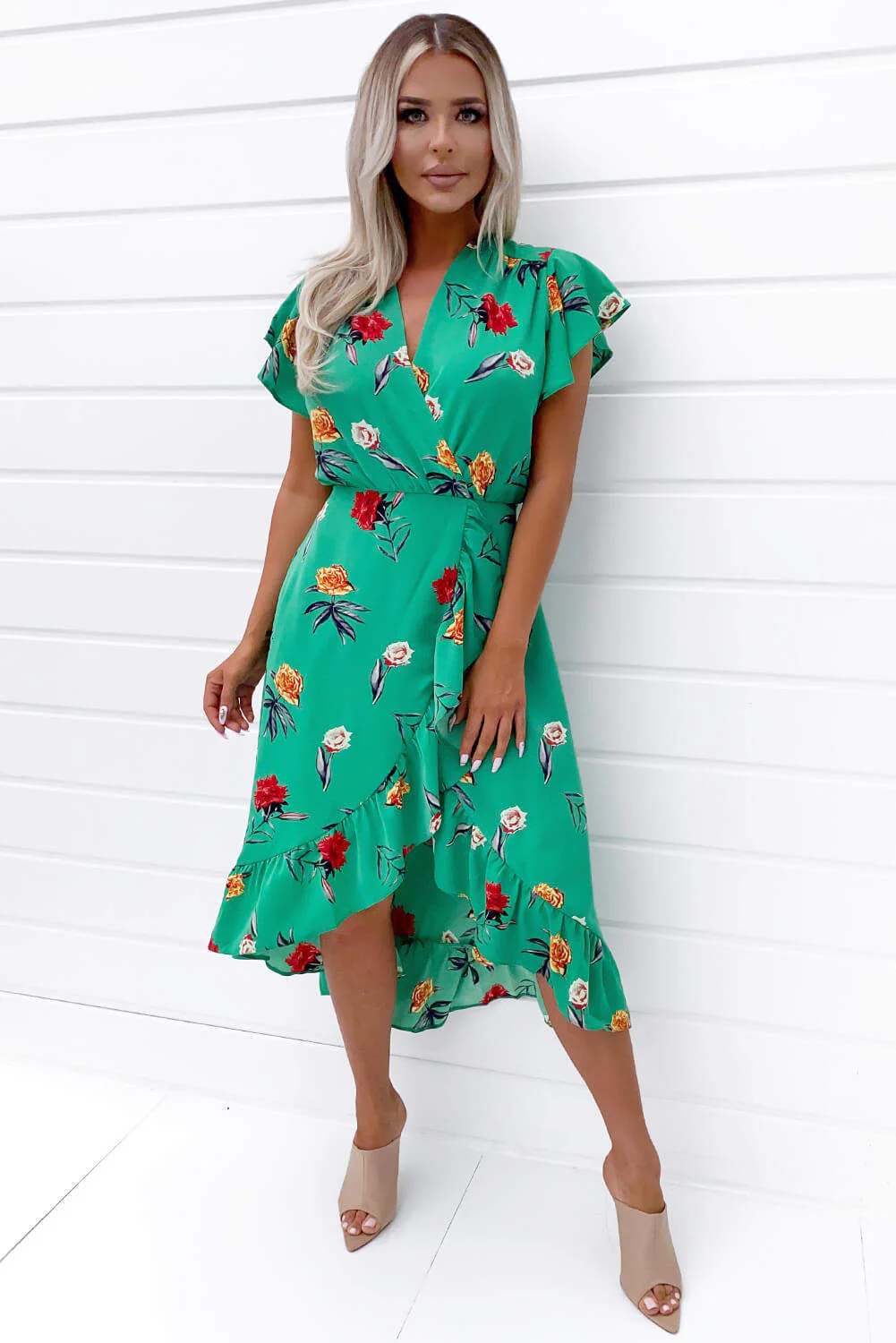 Green Floral Printed Frill Midi Dress - Swimclubus