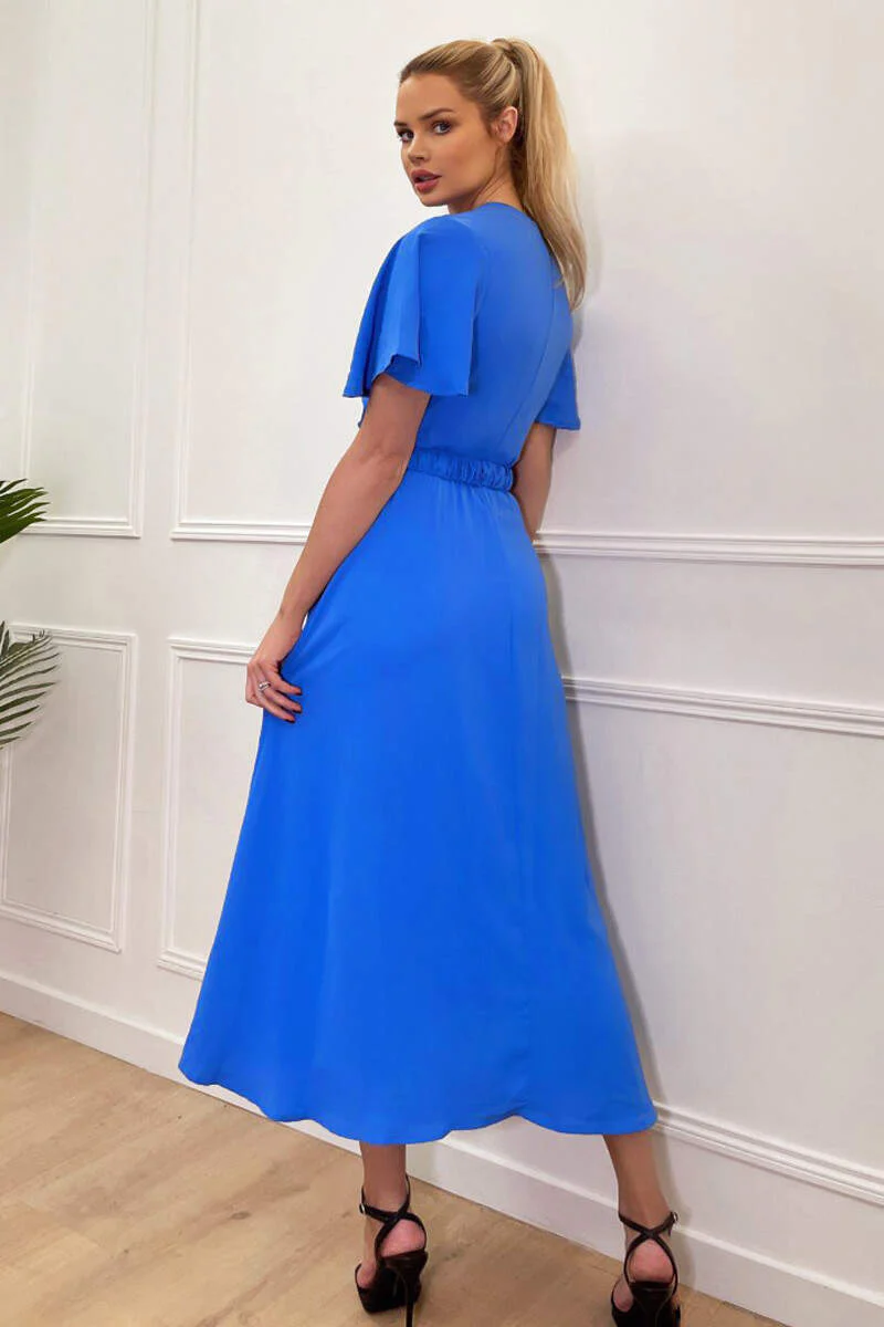 Blue Short Sleeve Belted Wrap Midi Dress - Swimclubus