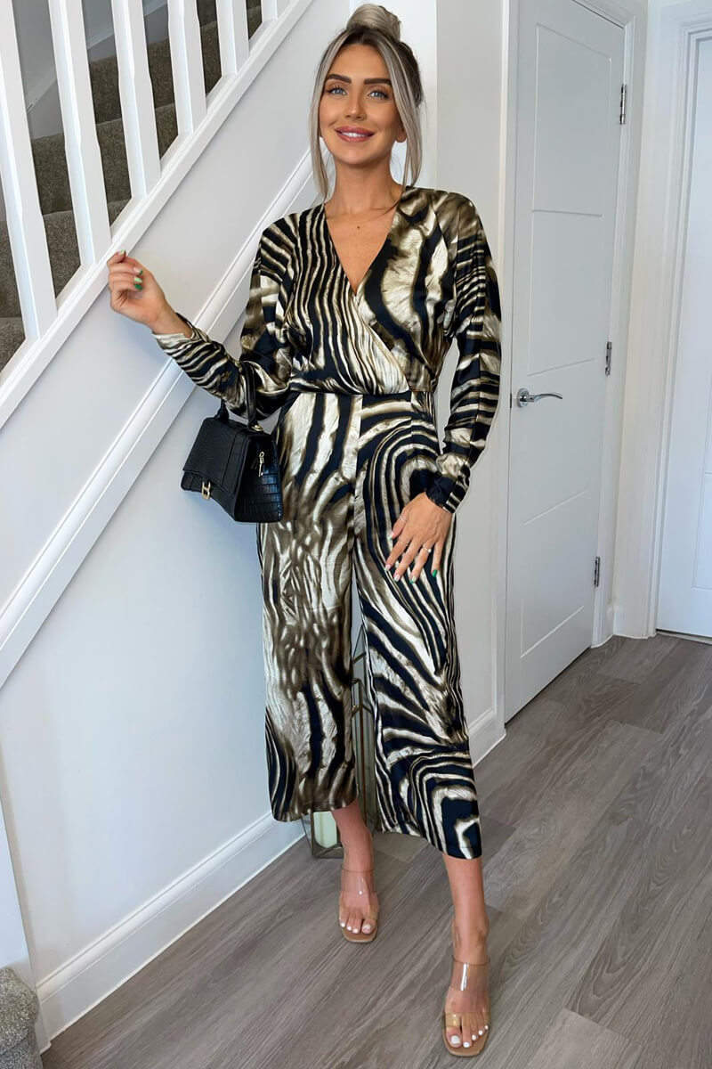 Brown Printed Bat Wing Wrap Top Jumpsuit - Swimclubus