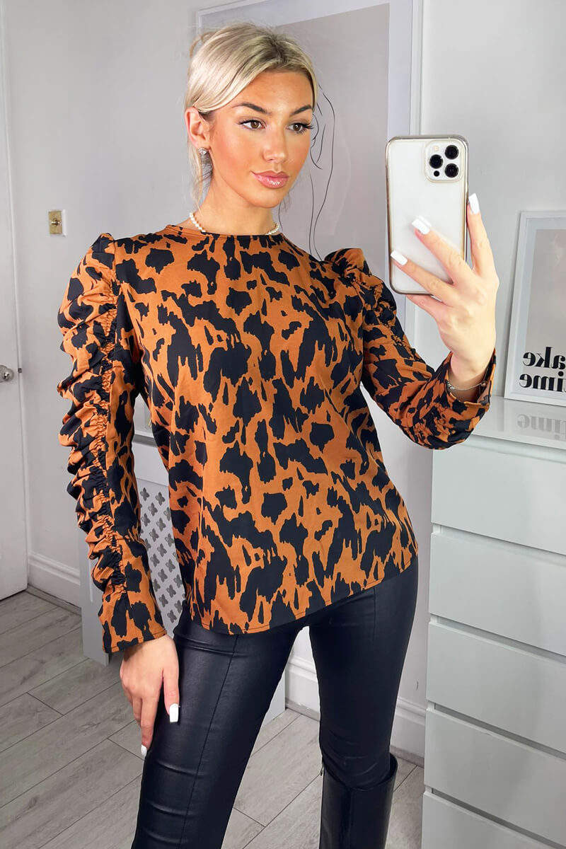 Camel Animal Print Long Gathered Sleeve Top - Swimclubus