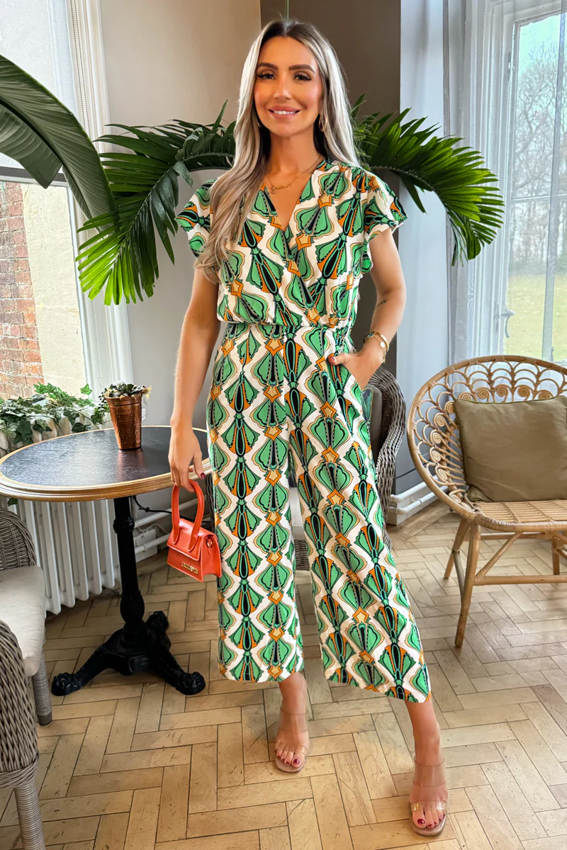 Multi Printed Short Sleeve Wrap Top Jumpsuit - Swimclubus