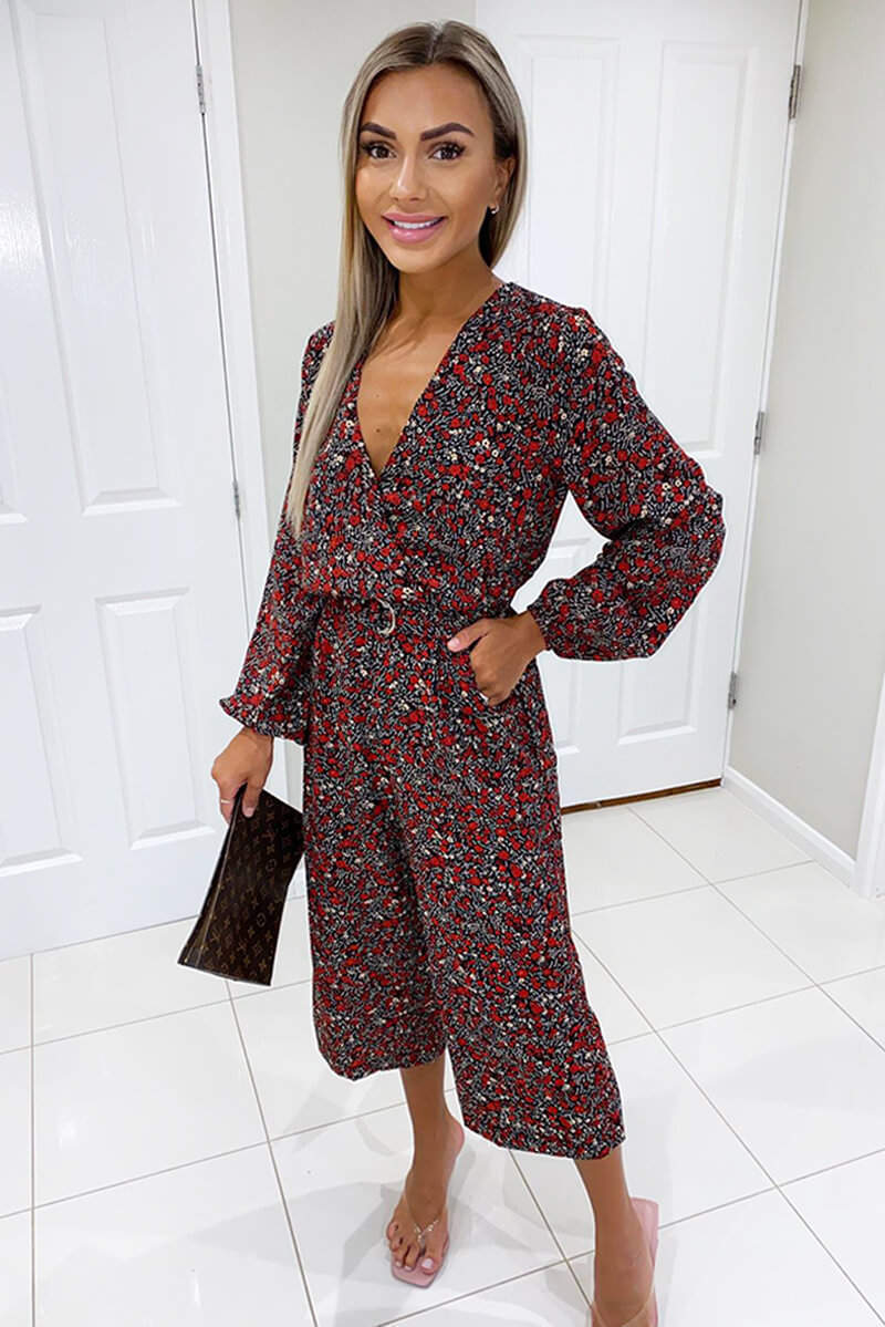Red Ditsy Floral Wrap Over Jumpsuit - Swimclubus