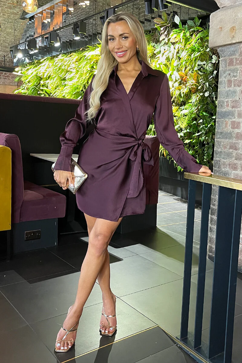 Plum Satin Tie Waist Wrap Shirt Mini Dress - Swimclubus