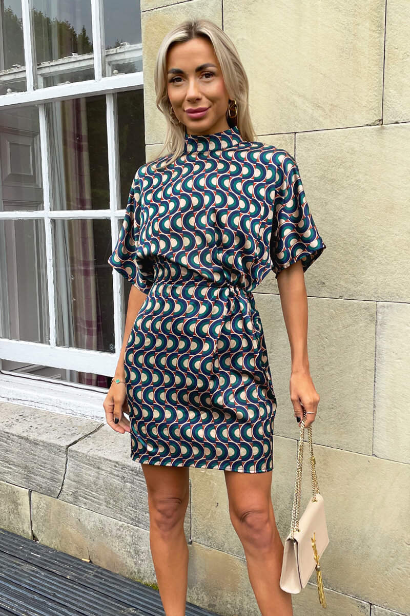 Multi Print High Neck Short Sleeved Mini Dress - Swimclubus