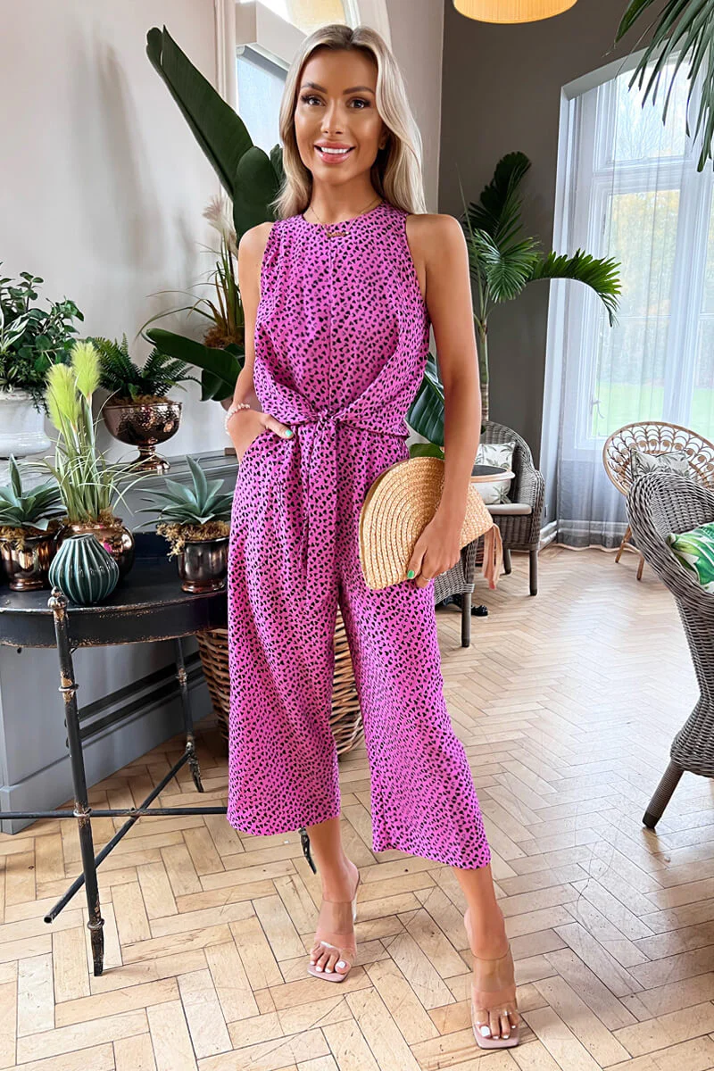 Pink And Black Heart Printed Knot Front Jumpsuit - Swimclubus