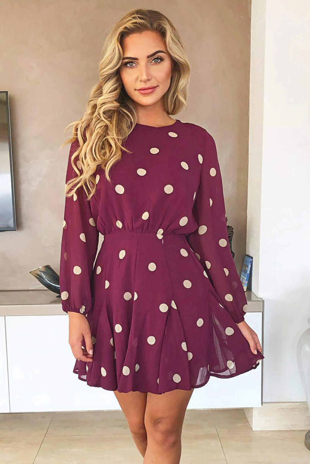 Wine Spotty Pleated Skirt Dress - Swimclubus