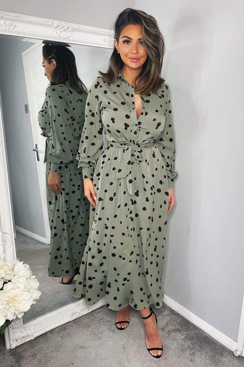 Khaki Printed Button Up Midi Shirt Dress - Swimclubus