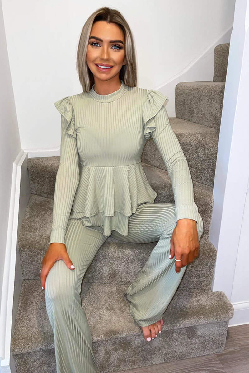 Light Khaki Ribbed Frilled Hem Lounge Suit - Swimclubus