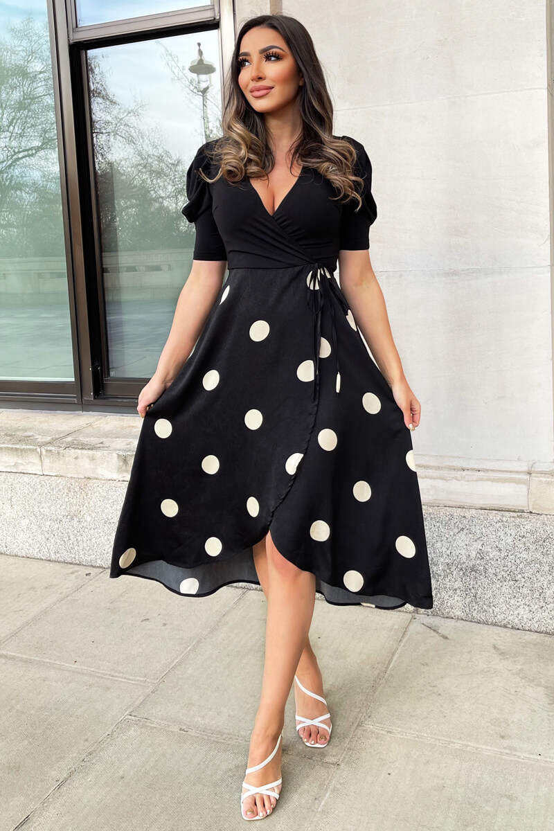 Black And Cream Polka Dot 2 in 1 Wrap Over Midi Dress - Swimclubus