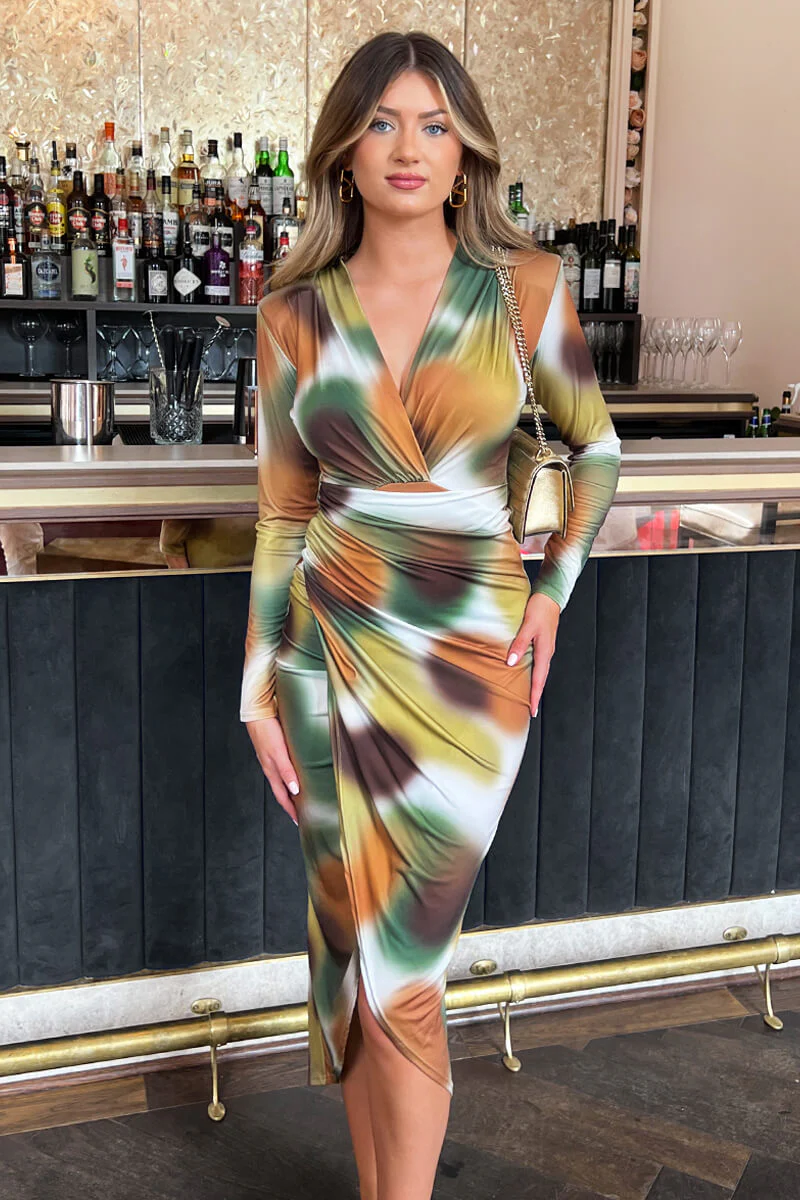 Khaki Printed Long Sleeve Wrap Midi Dress - Swimclubus