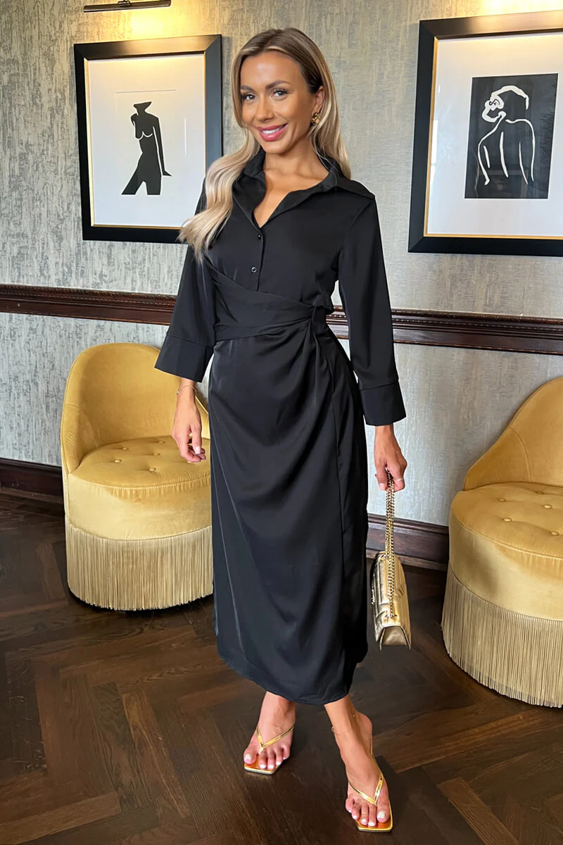 Black 3/4 Sleeves Gathered Waist Shirt Midi Dress - Swimclubus