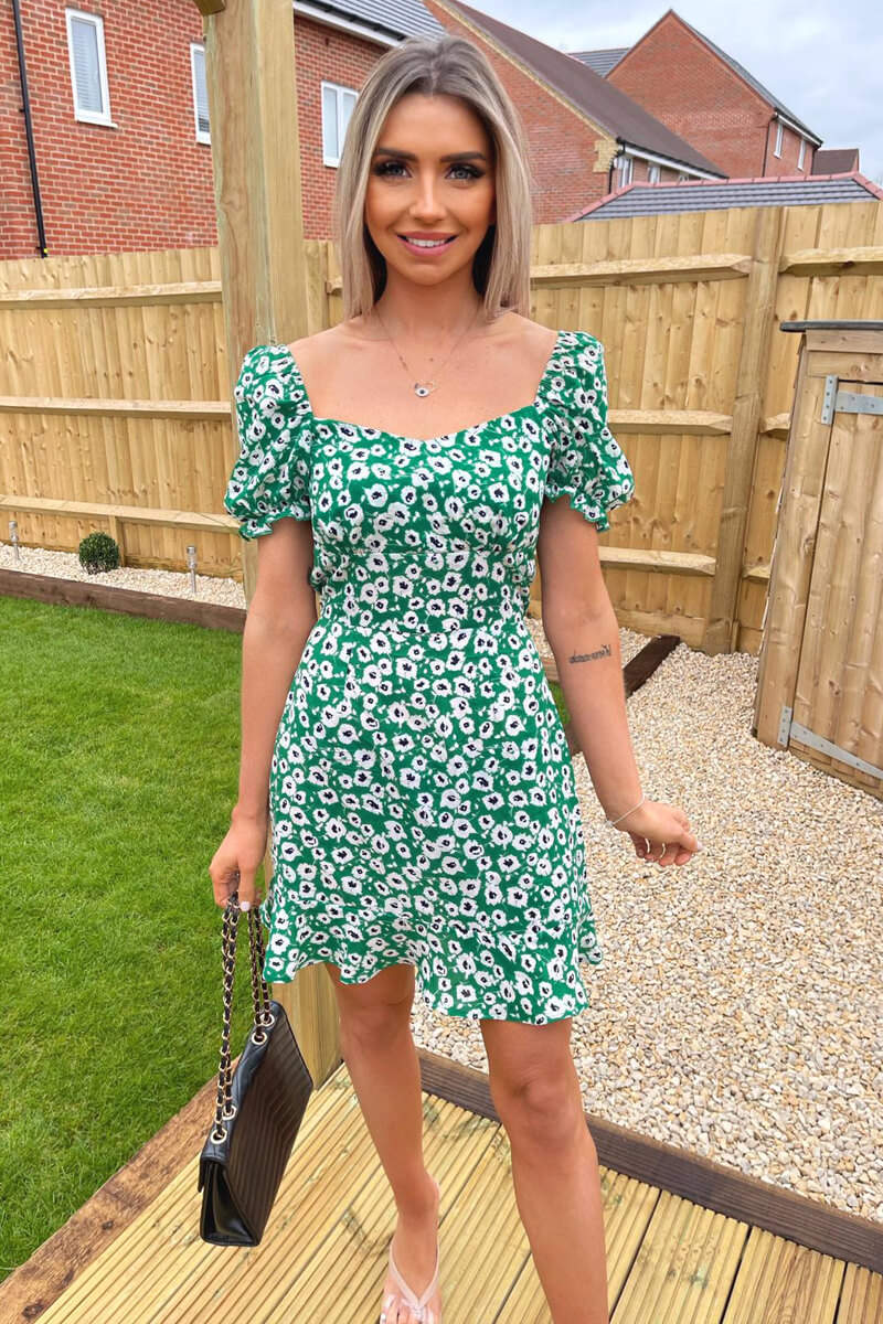 Green Floral Print Milkmaid Neckline Dress - Swimclubus