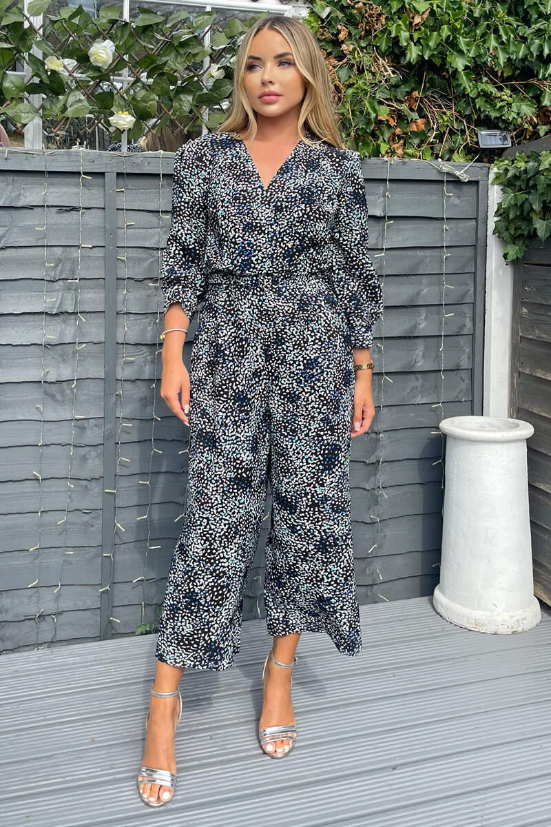 Black And Blue Printed Belted Long Sleeve Jumpsuit - Swimclubus