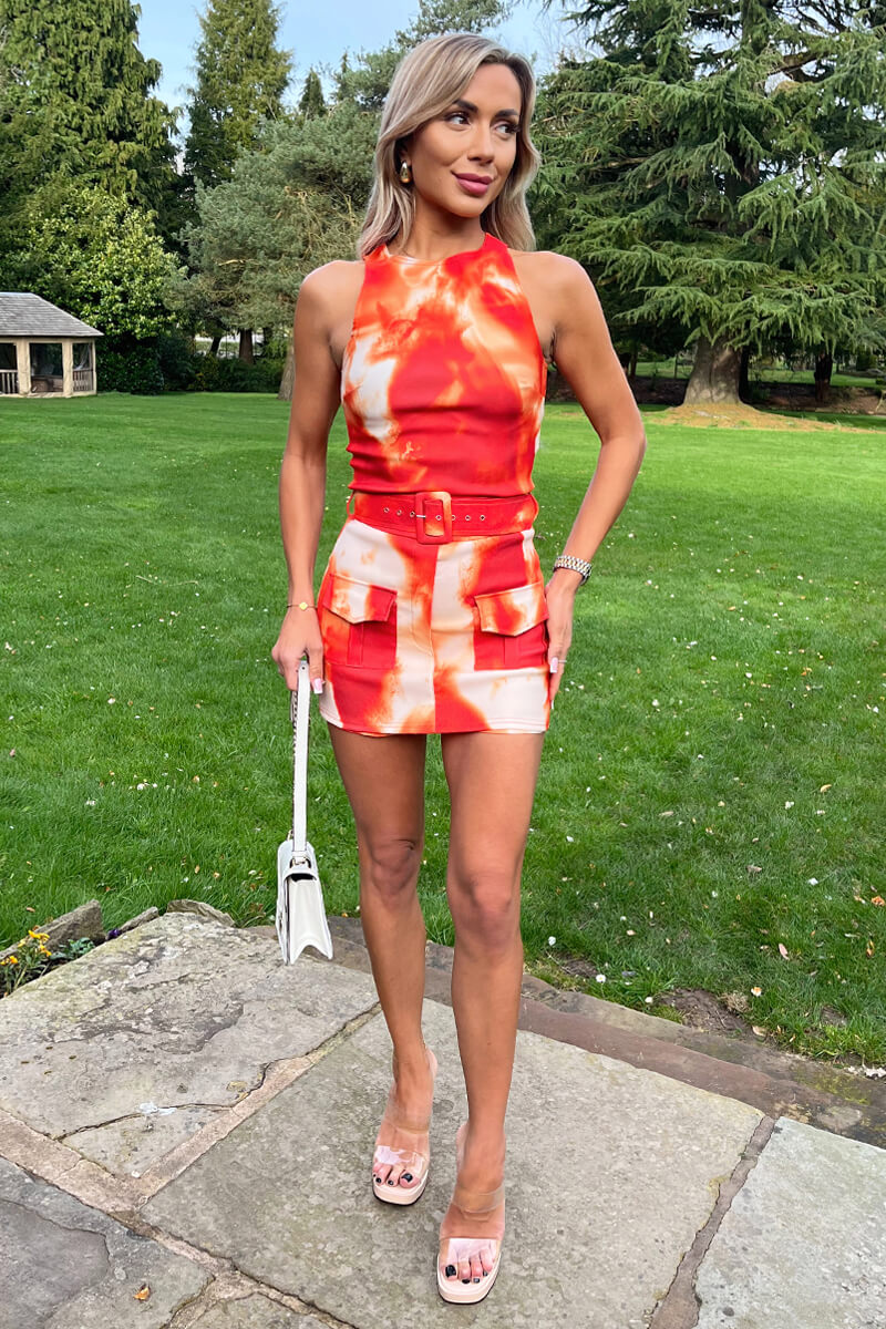 Orange Tie Dye Round Neck Belted Skort Cargo Playsuit - Swimclubus