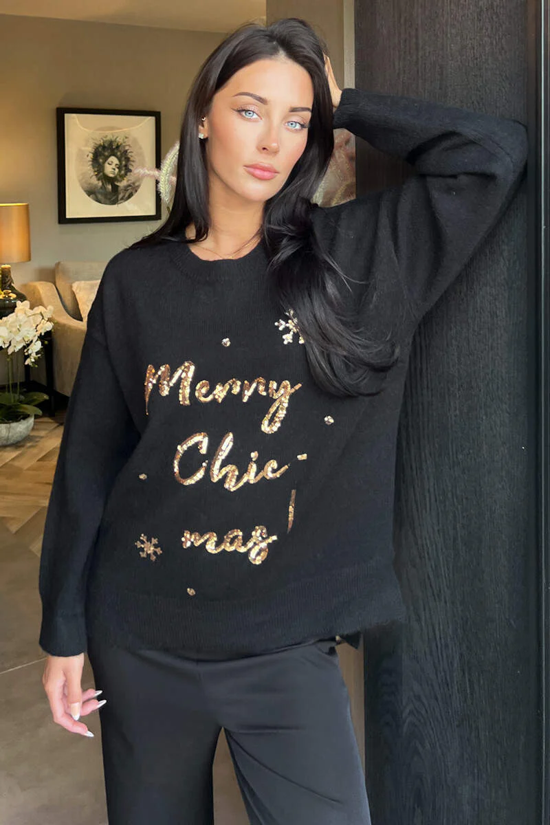Black Merry Chic-mas Sequin Knit Jumper - Swimclubus