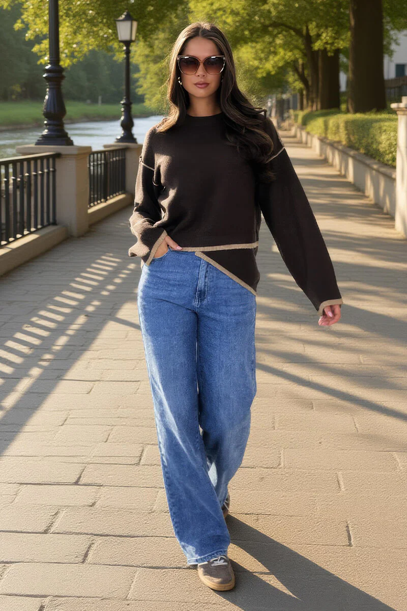 Chocolate Contrast Piping Crew Neck Jumper - Swimclubus