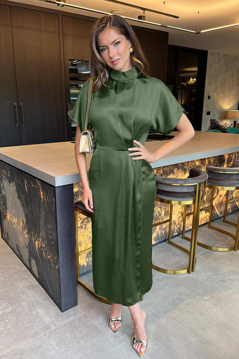 Olive Satin High Neck Wrap Skirt Midi Dress - Swimclubus