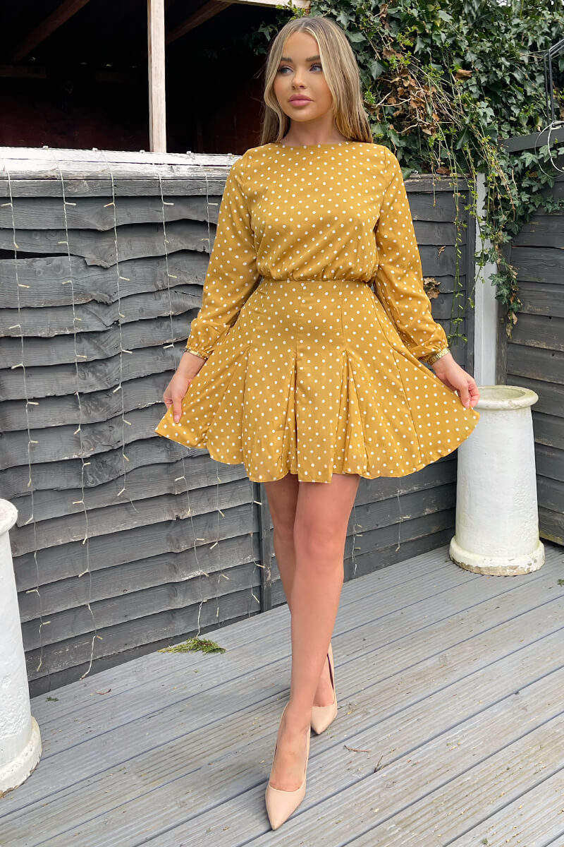 Mustard Polka Dot Long Sleeve Skater Dress - Swimclubus