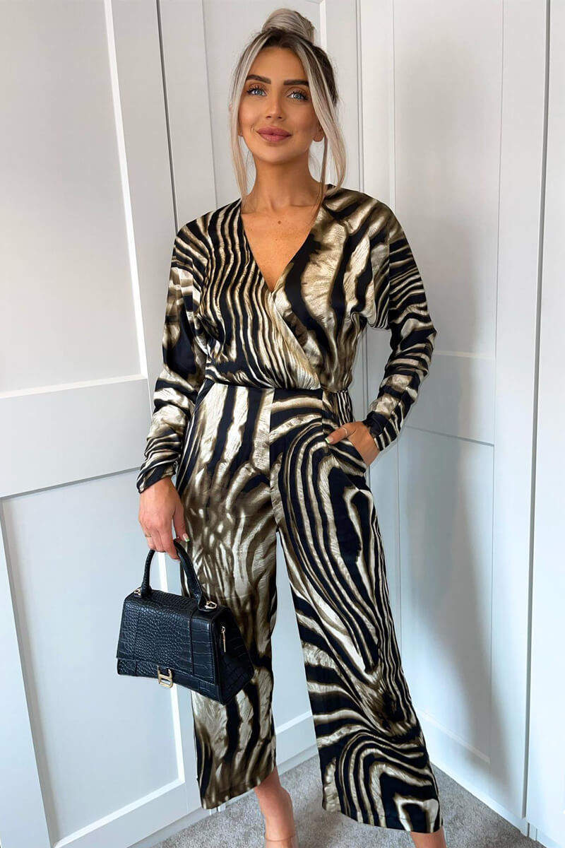 Brown Printed Bat Wing Wrap Top Jumpsuit - Swimclubus