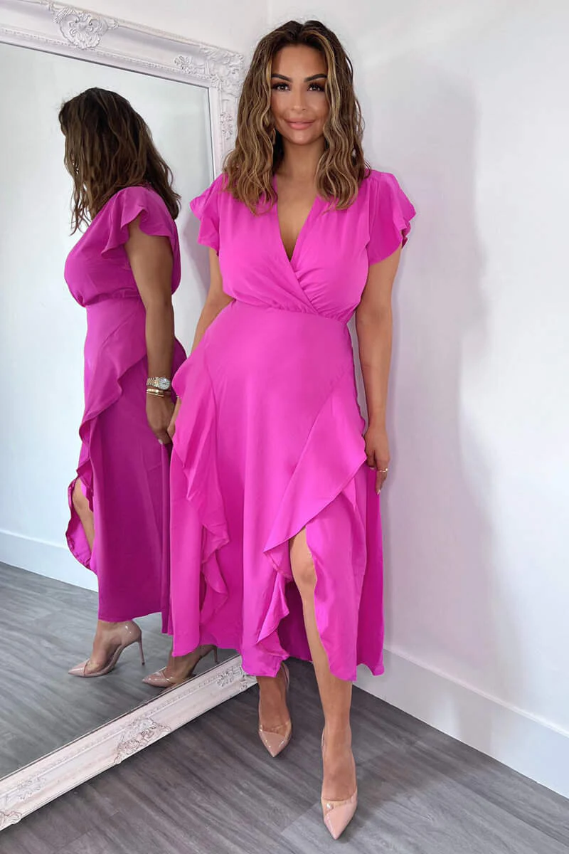 Cerise Frill Detail Double Split Skirt Midi Dress - Swimclubus