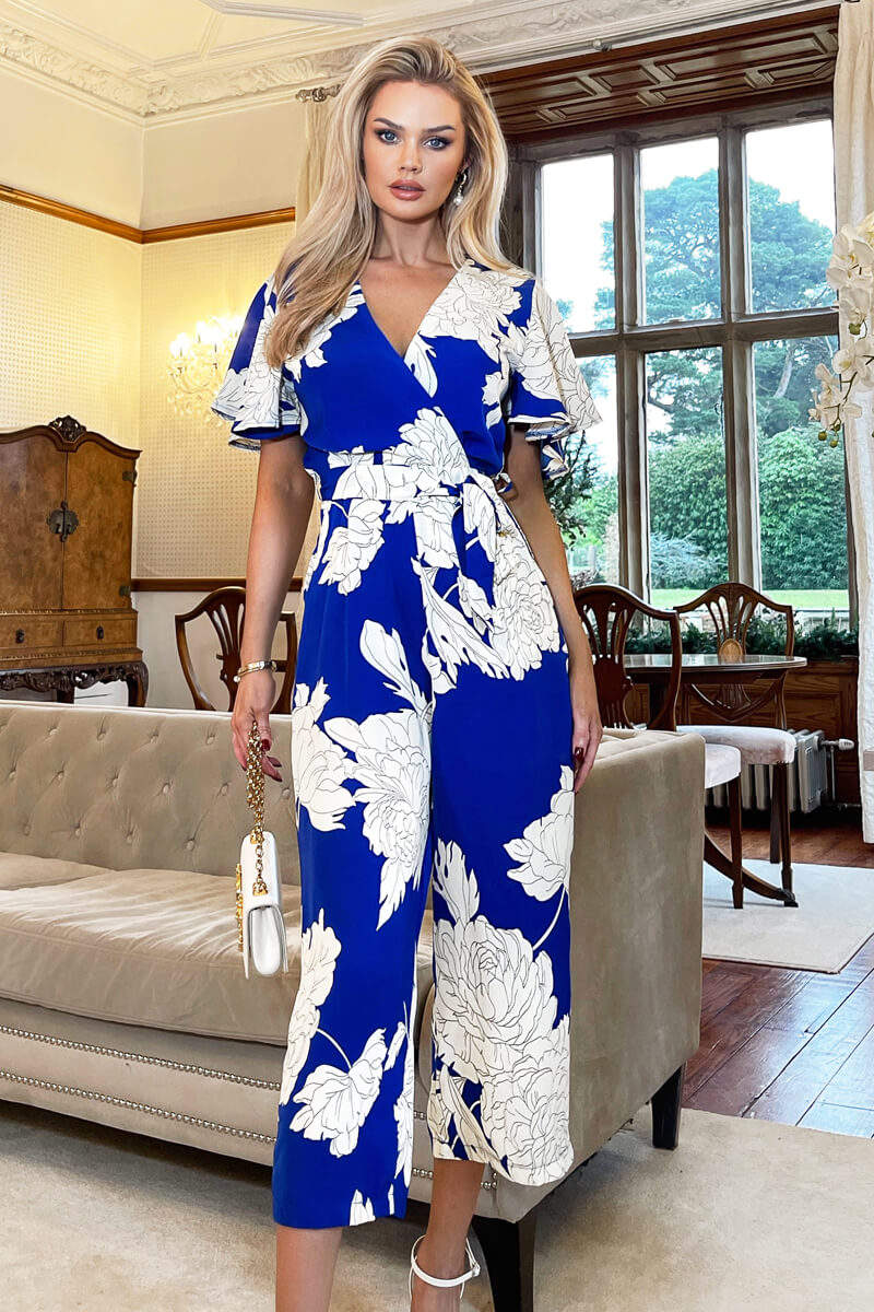 Blue And Cream Floral Printed Butterfly Sleeve Belted Jumpsuit - Swimclubus