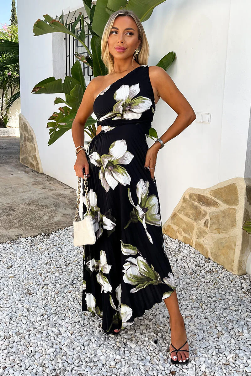 Black And White Floral Print One Shoulder Cut Out Pleated Midi Dress - Swimclubus